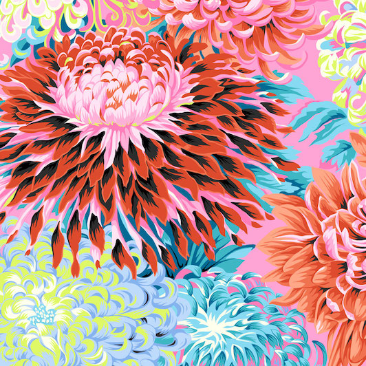 Chrysanthemen in orange gelb türkis auf rosa - 1 Stück = 2,30 Meter