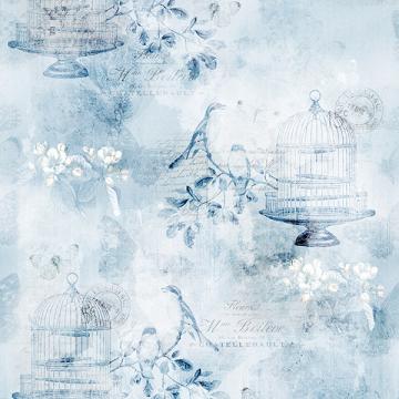 Vintage Farmhouse - Vogelkäfig u. Blumen ice blue - 1 Stück = 3,20 Meter