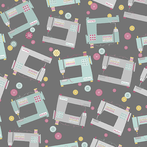 Words to Quilt By - Nähmaschinen grau  - 1 Stück = 2,40 Meter